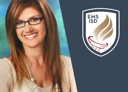  Portrait of Amy Erb on blue background with EMS ISD logo